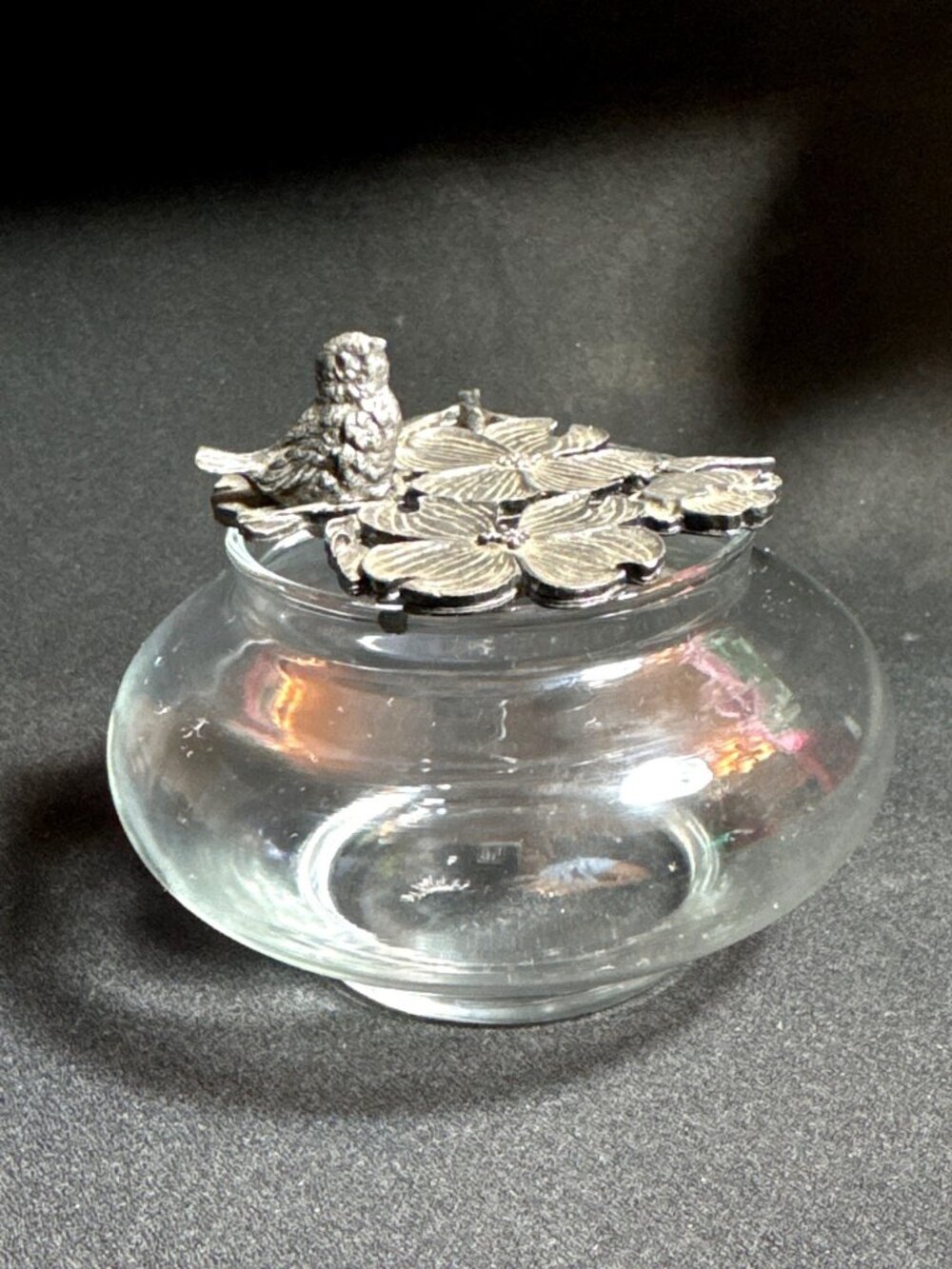Vintage Metzke Potpourri Glass Jar Pewter Bird Figure Dogwood Flower Lid Topper